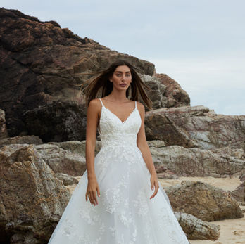 V neck, spaghetti straps, lacey wedding dress