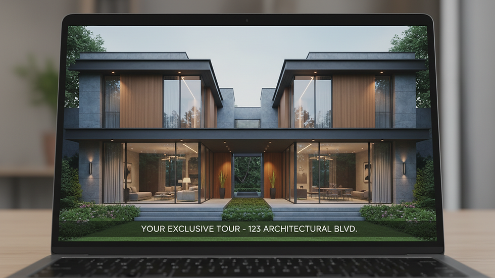 Close-up view of a laptop screen showing a personalized real estate video tour