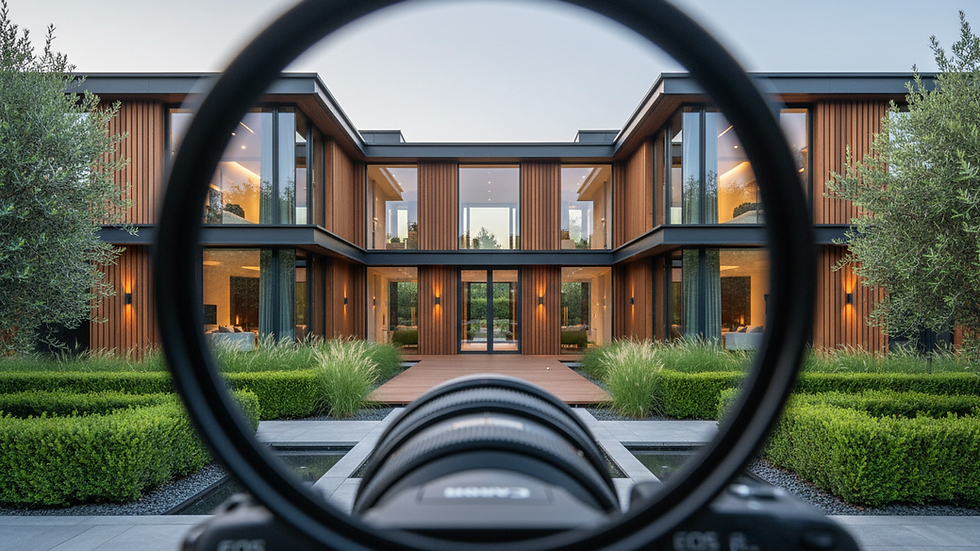 Close-up view of a professional camera capturing a vacation rental exterior