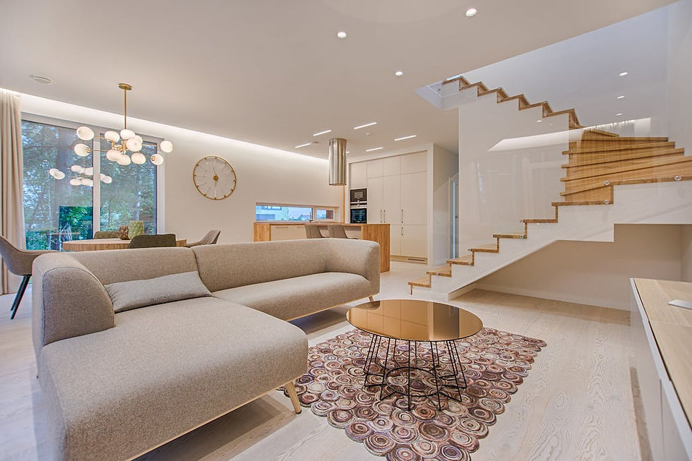 Stylish vacation rental living room with fireplace and contemporary furnishings