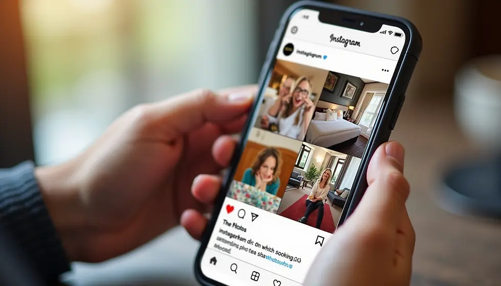 Close-up view of a smartphone displaying a hotel Instagram post with guest photos