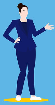 Woman in a blue suit, standing on a gold disc, on a blue background.