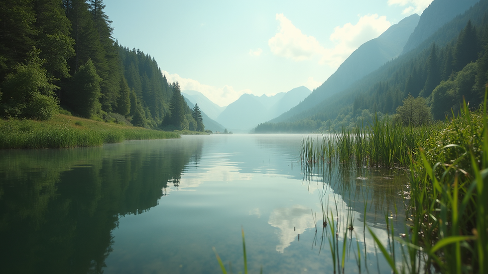 Eye-level view of a serene nature scene with a calm lake