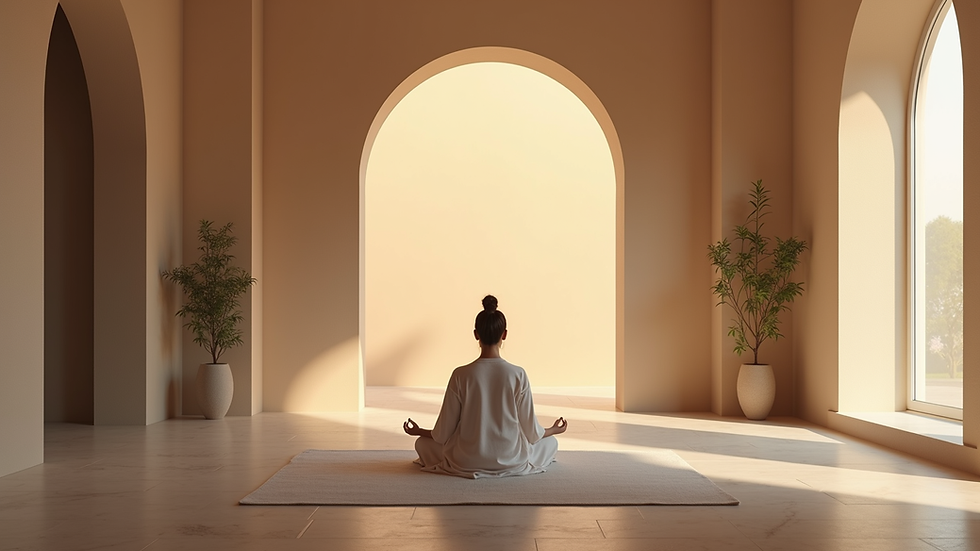 Eye-level view of a serene meditation space with soft lighting