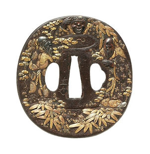 山水楼閣老師図鍔 縦76mm橫76mm厚さ5mm 時代物 刀装具 山水楼閣老師図鍔 縦76mm橫76mm厚さ5mm 時代物 刀装具 山水