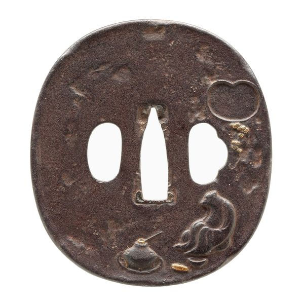 在銘 會津正阿弥 鍔 縦80mm 橫79mm 厚さ4mm 会津正阿弥 時代物 日本刀販売専門店 銀座長州屋 鍔 鐔 販売品 狸のお点前図鍔(鐔