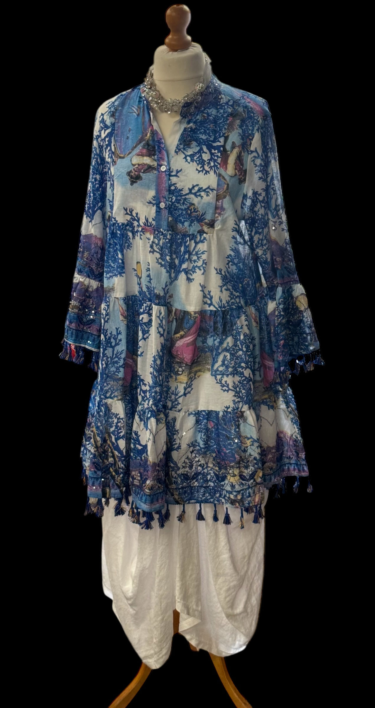 Antica Sartoria Blue And White Top With A Hint Of Purple , Sequins And Tassels