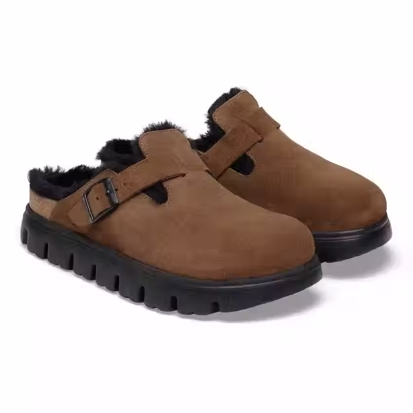 Thumbnail: Birkenstock Unisex Boston PAP Chunky Shearling Suede Leather/Fur - Dark Tea