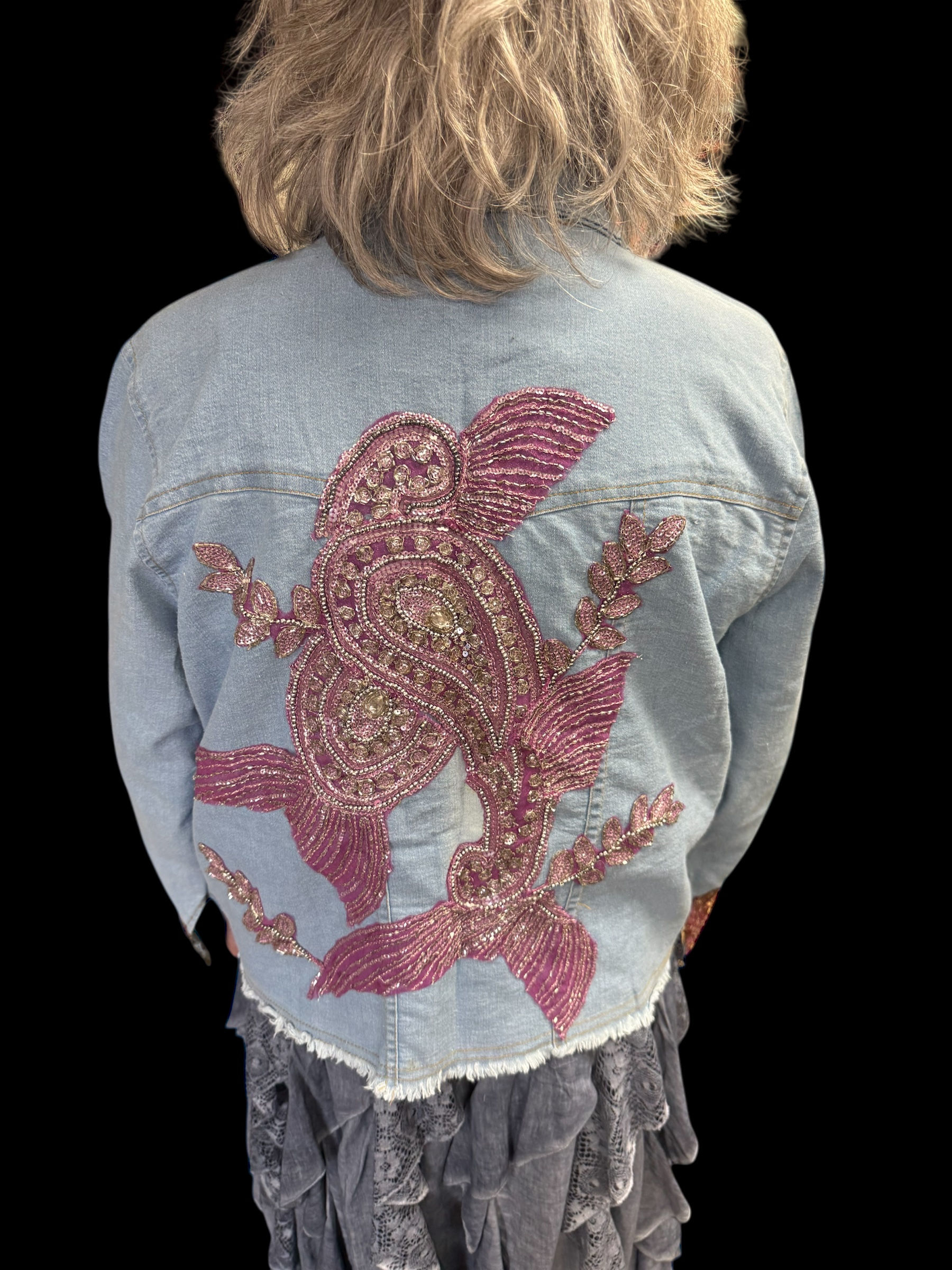 Light Denim Cropped Applique Jacket