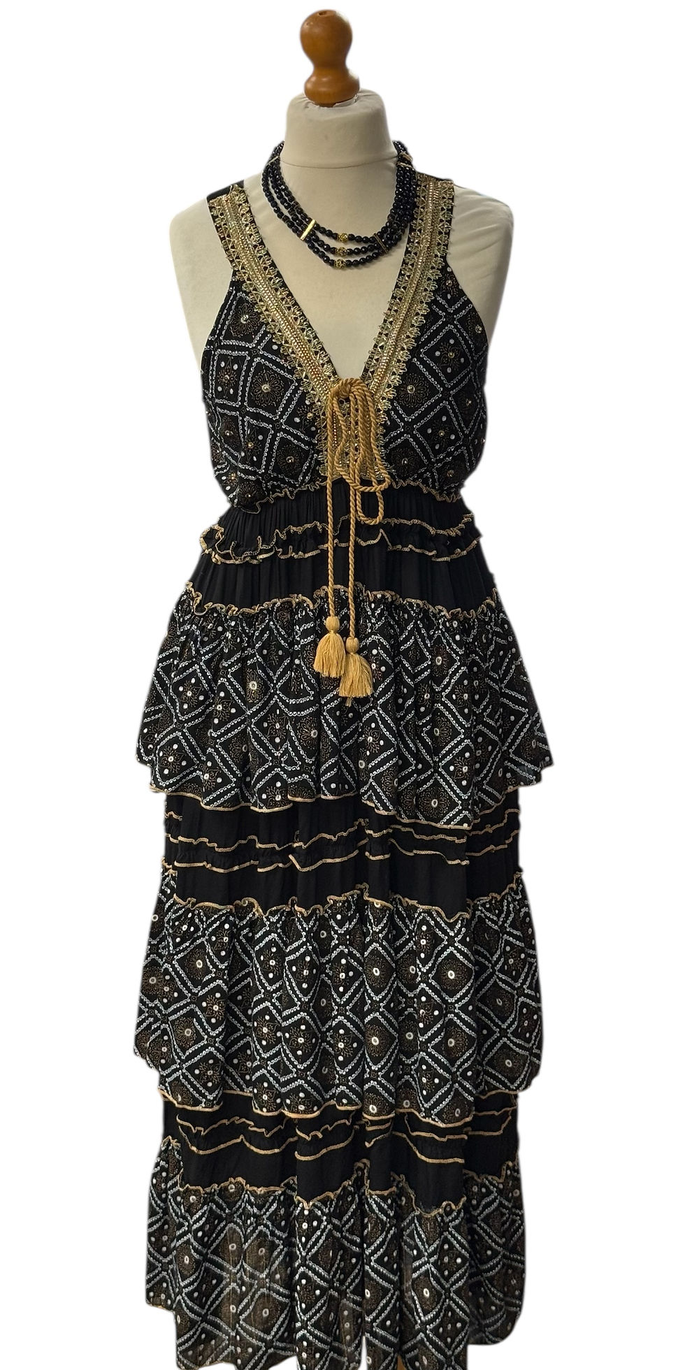 Thumbnail: Santoria Del Gardo Black And Gold Sleeveless Maxi Dress With Sequins.
