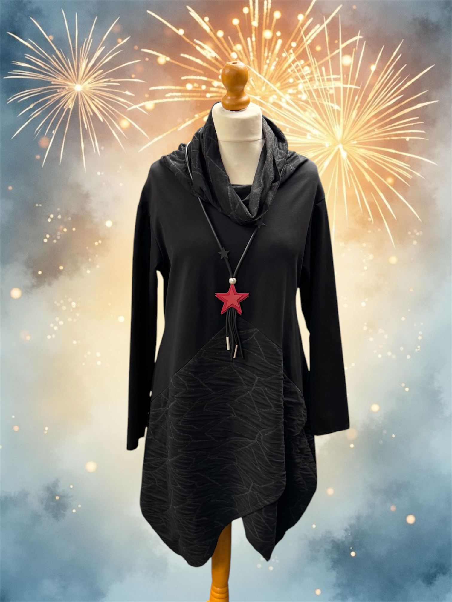 ID Jersey Irregular Hem Cowl Neck Dress Black