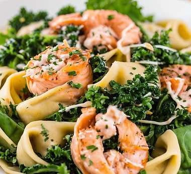 salad with kale salmon tortellini pasta and lots ofcesar dressing on top.jpg