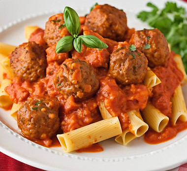 rigatoni with meatballs and lots of orange tomato sauce.jpg