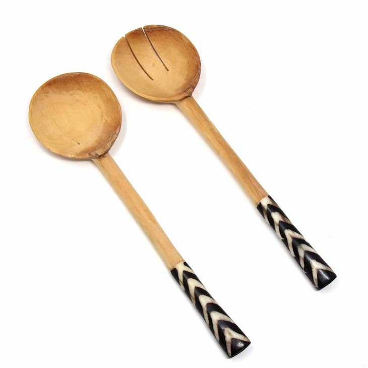 Thumbnail: Olive Wood Serving Set, Chevron Batik Handles
