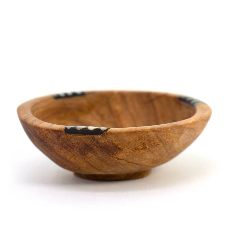 Thumbnail: Set of Two Petite Olive Wood Bowls with Bone Inlay