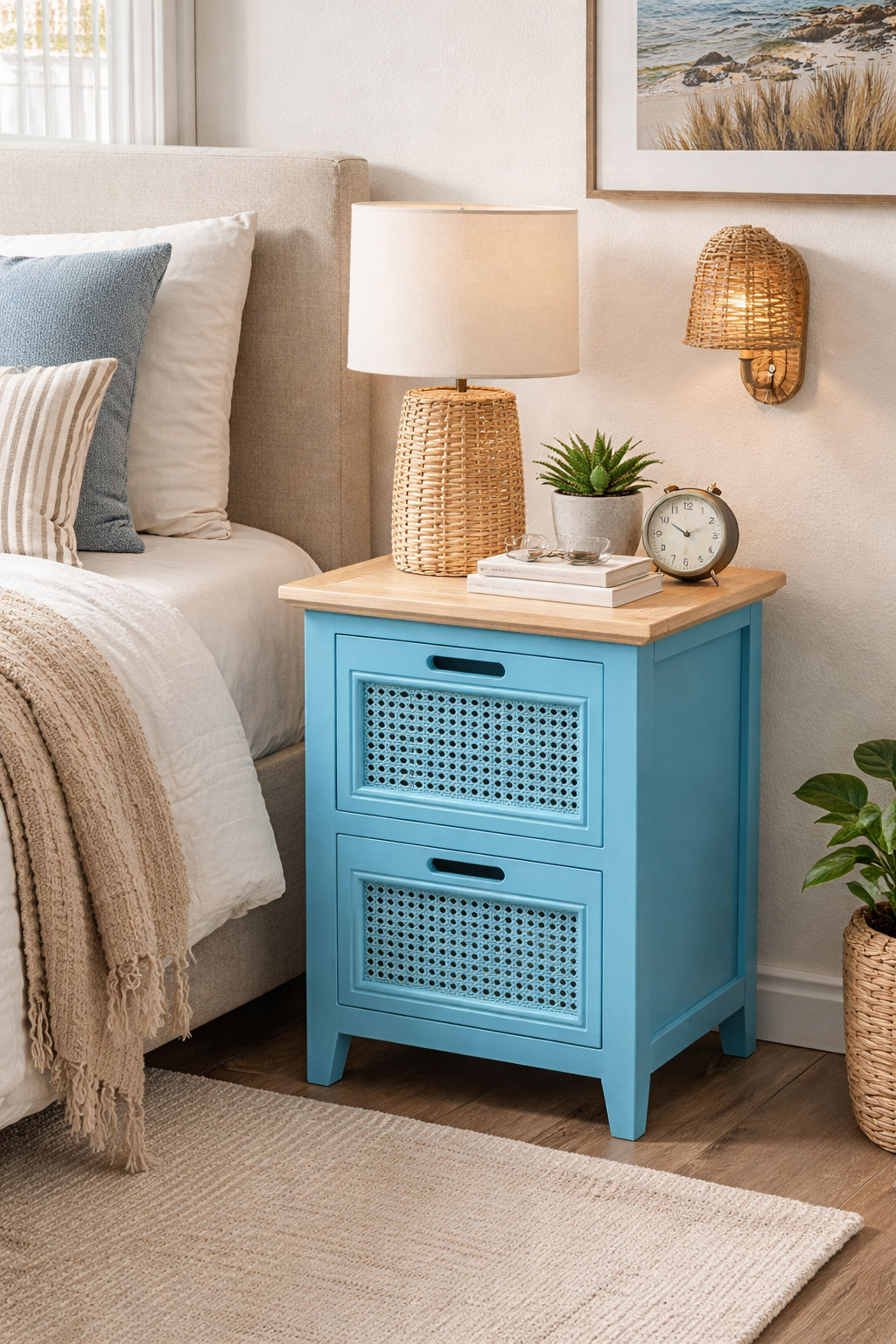 שידה לצד מיטה 2 מגירות ראטן 