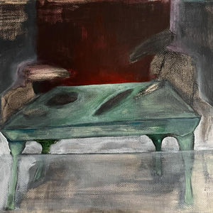 Conversation.
This acrylic artwork features two figures seated at a table, immersed in conversation. Above them, bold red hues symbolize the tension that often arises during meaningful exchanges filled with emotions. The dynamic composition invites viewers to reflect on their own experiences with communication and conflict.