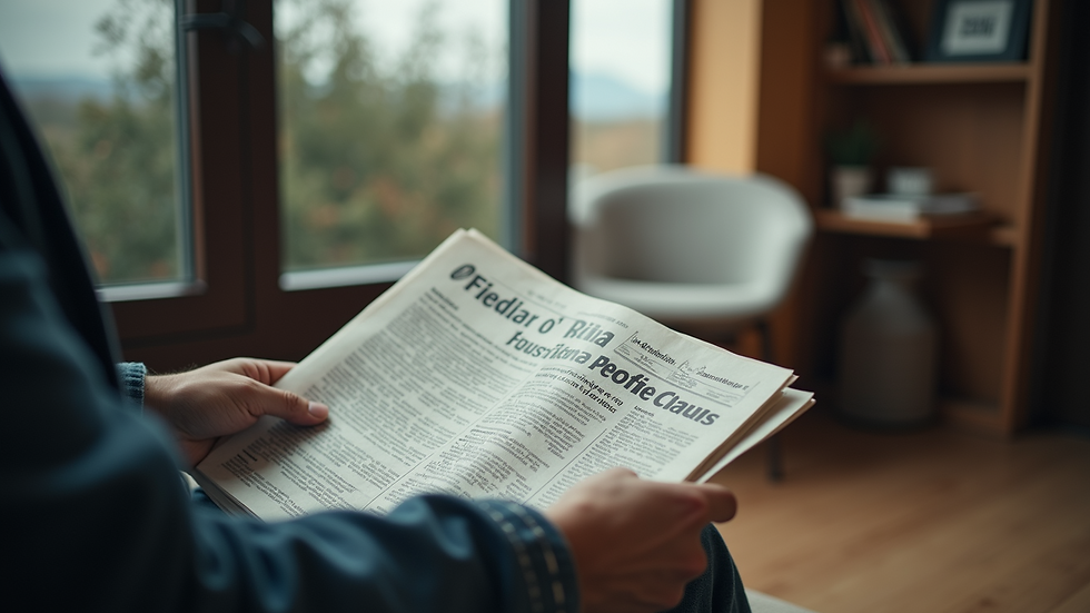Eye-level view of a person reading a newspaper in a calm environment
