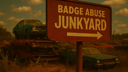 A rust-colored roadside sign reading “Destined for the Junkyard” stands in front of a dusty junkyard filled with stacked, weathered vintage cars under a hazy sunset sky.