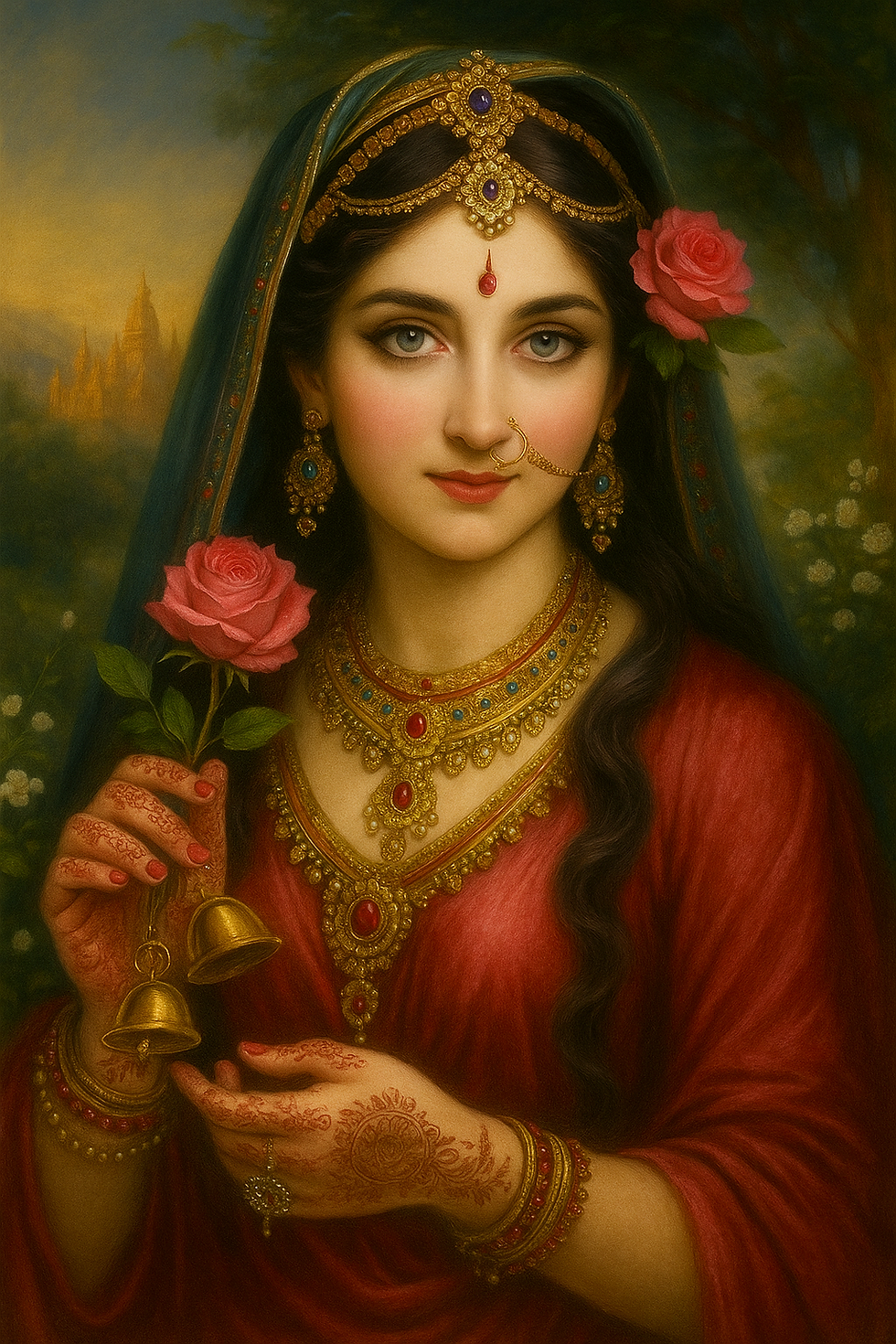 In her gaze, the song of devotion awakens, Lady Radha. Among the Gopis she dances, she is the Muse of God, the very heart of Govinda’s song.