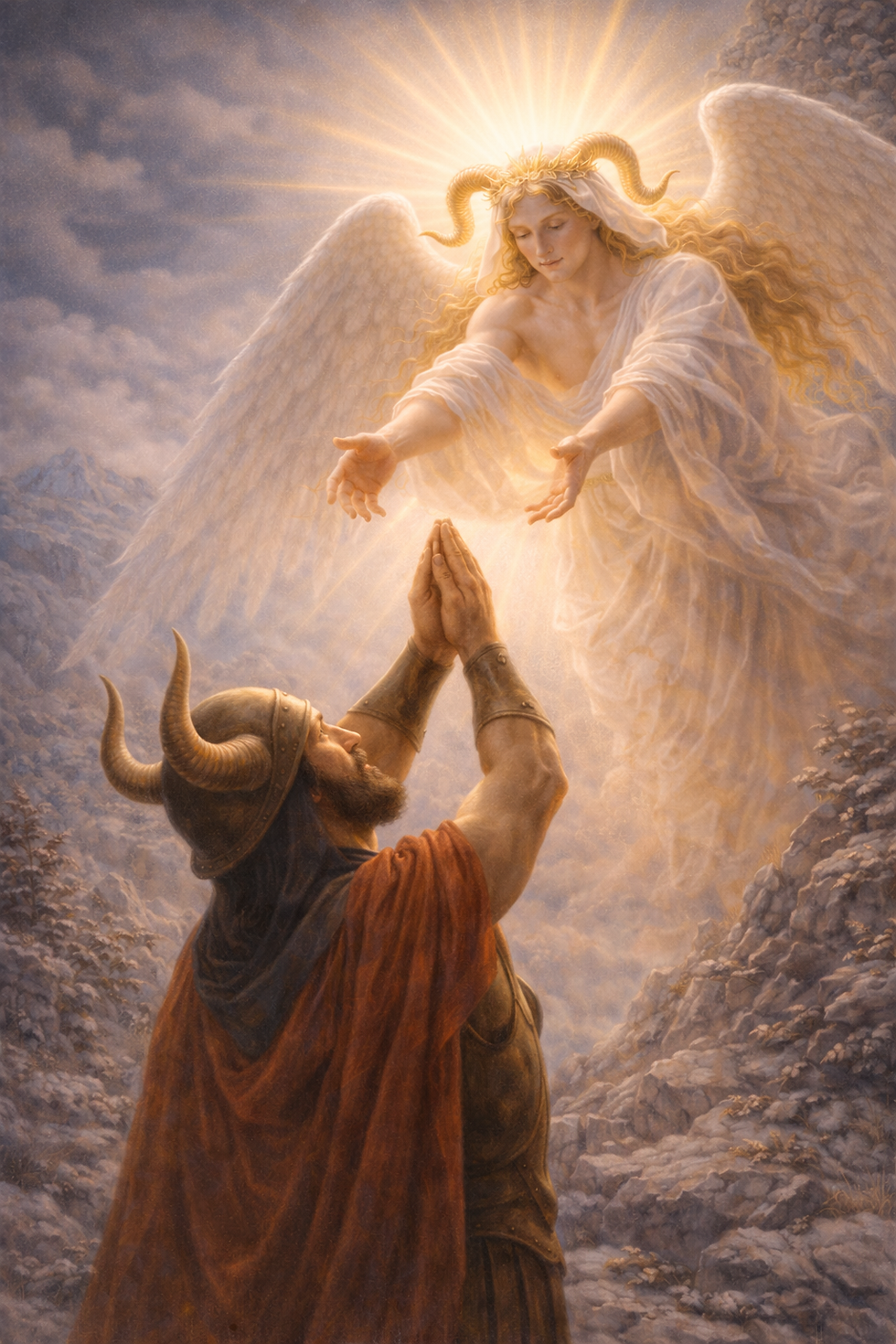 Mars kneels in devotion as The Sun descends, a sacred ignition of will, courage, and purpose. In this purification, Mars is consecrated by The Sun, strength reborn through conscious fire.