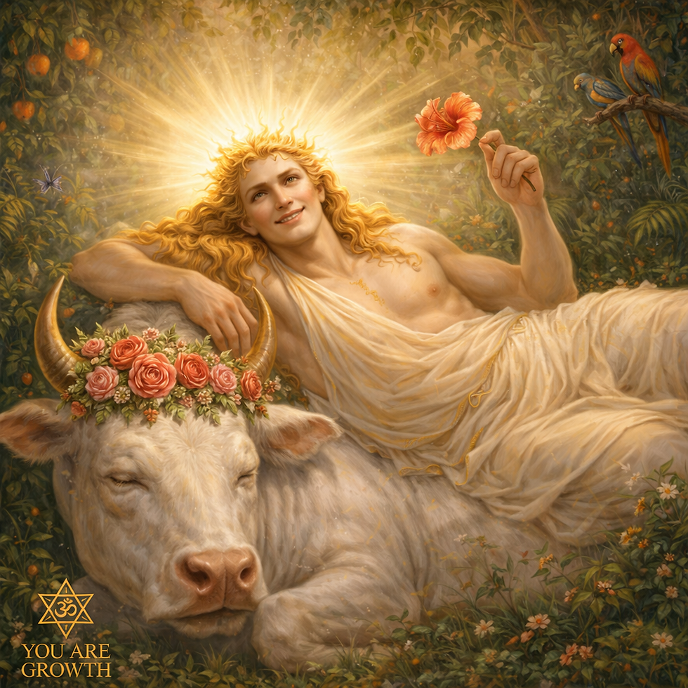 The Sun in Taurus rests in the body of the earth, warm, slow, and deeply felt, where pleasure becomes a quiet devotion. He lingers in the softness of touch and time, golden and steady, until even the simplest moment turns sacred.