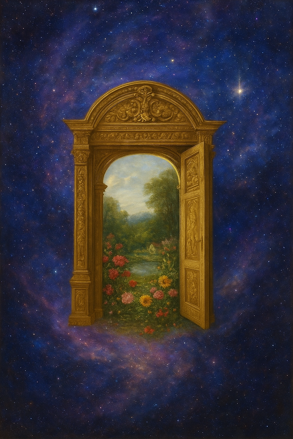 In November’s hush, the cosmos breathes open its hidden doors. Through violet skies we step, into the Portals, gardens where eternity softly pours peace.