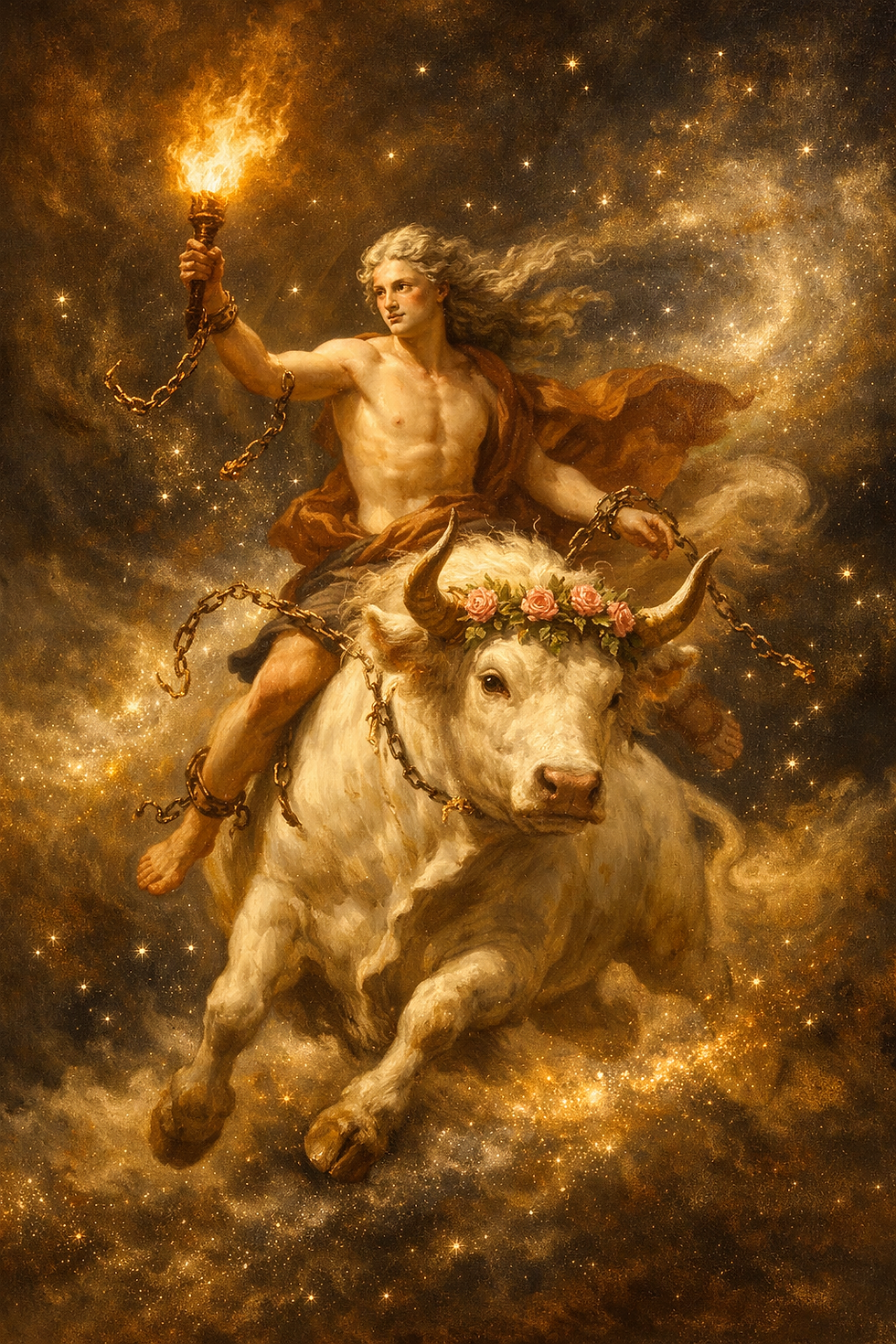 Upon the white of Taurus crowned in roses, the Uranian freedom gallops through the Milky Way, and the future answers to courage alone.