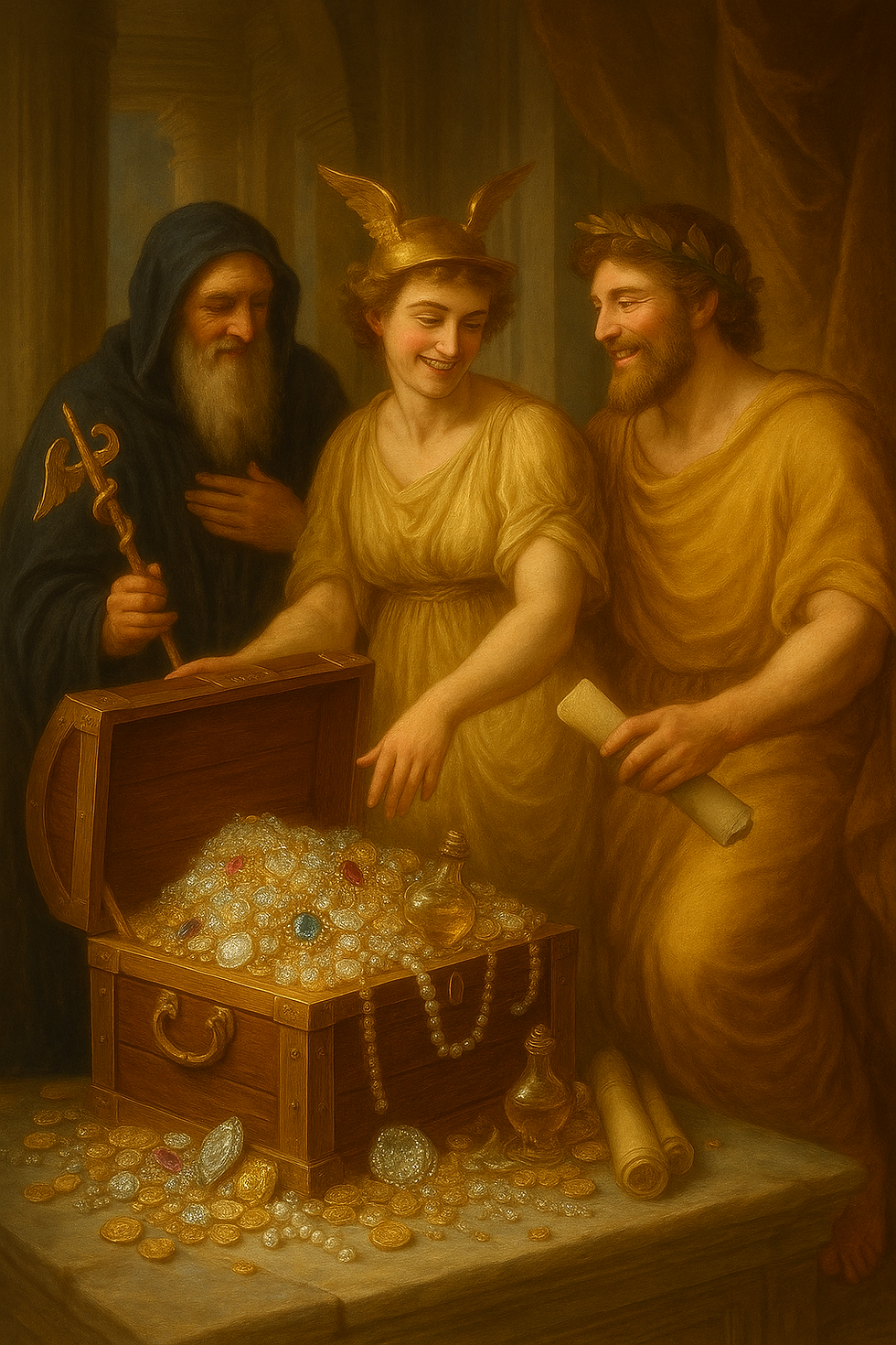 Mercury, Jupiter, and Saturn gather in shared light, rediscovering the treasure shaped by their long journey. In their joy the heavens remember that wisdom, abundance, and time all return when sought together.