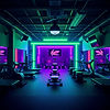 Create me a gym background that is a full gym set up with a green neon filter vibe to it.j