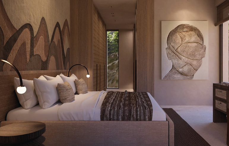 Tarida Hills – spacious double bedroom with soft neutral palette and organic curved architecture