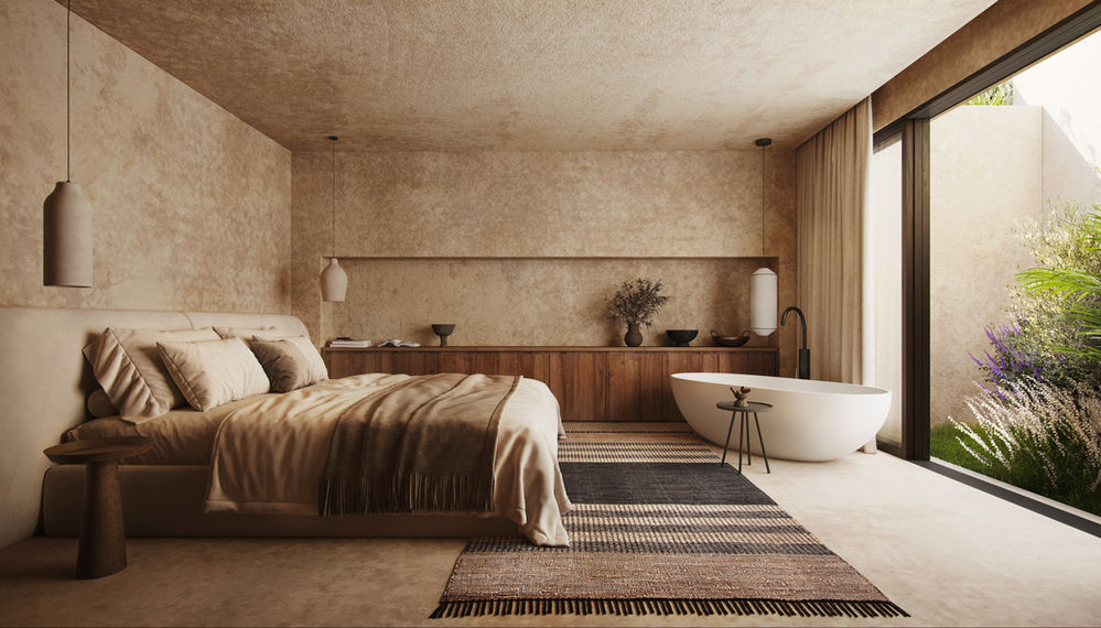 Master bedroom at Malle Japie featuring a freestanding bathtub, warm natural tones and garden views