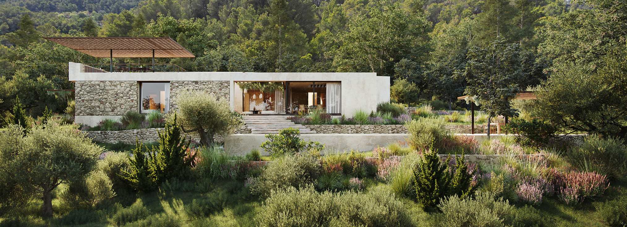 Exterior view of Malle Japie Estate, surrounded by lush Ibizan landscape and natural greenery