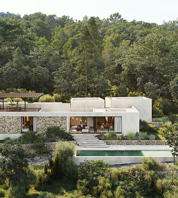 Malle Japie - contemporary Ibiza villa surrounded by Mediterranean hillside landscape.