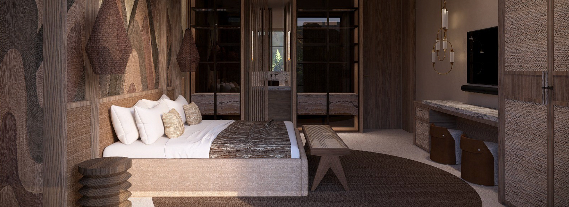 Tarida Hills – serene downstairs bedroom with warm natural tones and custom wooden accents