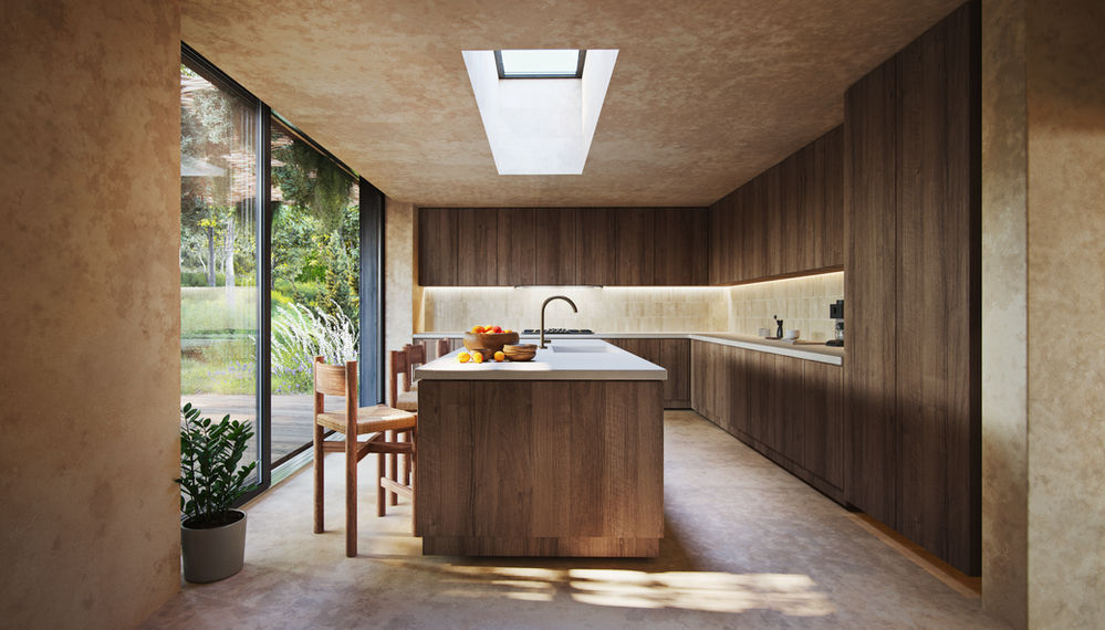 Modern kitchen at Malle Japie with wooden cabinetry, skylight and views toward the garden
