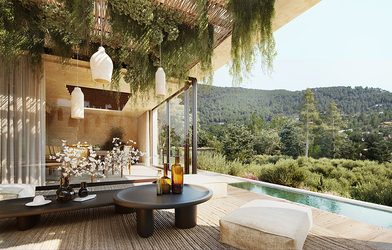Outdoor terrace with natural stone elements, warm wooden accents, and panoramic countryside views