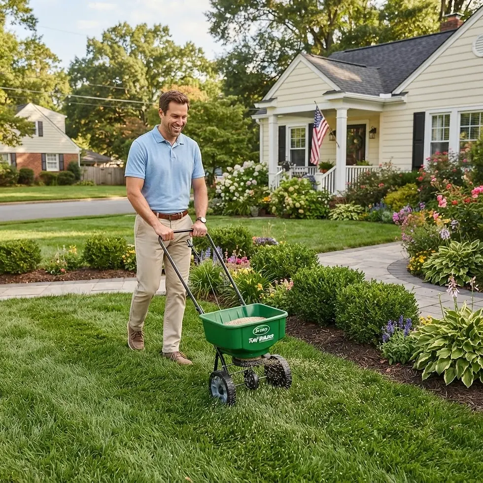 Outdoor photography of a man fertilizing his lawn in front of a suburban house. The scene conveys a sense of pleasant home maintenance on a sunny day.