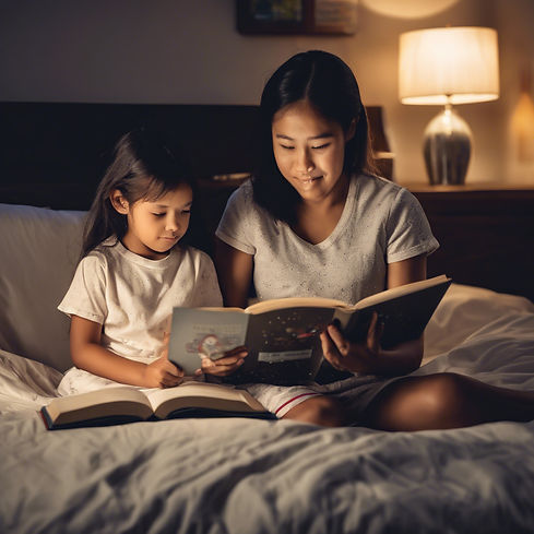 a child reading a book with a parent at bed time.jpg