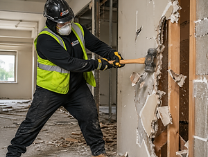 Interior demolition crew breaking walls and removing debris in a commercial construction site
