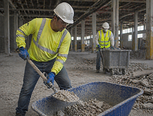 Construction workers in high visibility shirts performing general labor and site cleanup