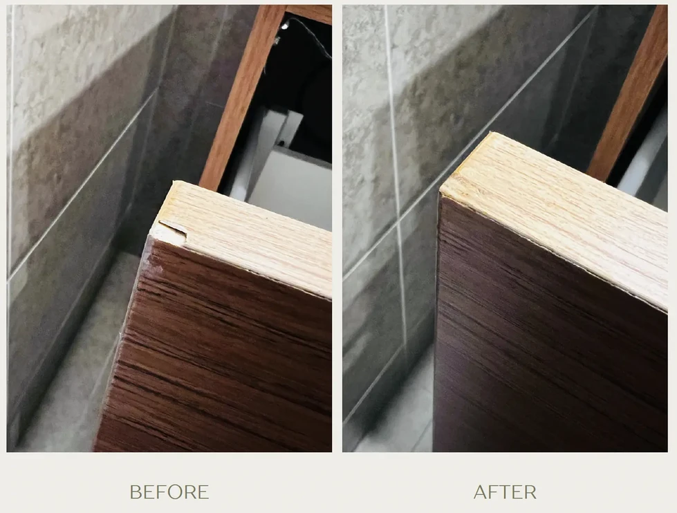 Cabinet chip repair in Calgary, kitchen and bathroom cabinets professionally restored by Camacho Paint