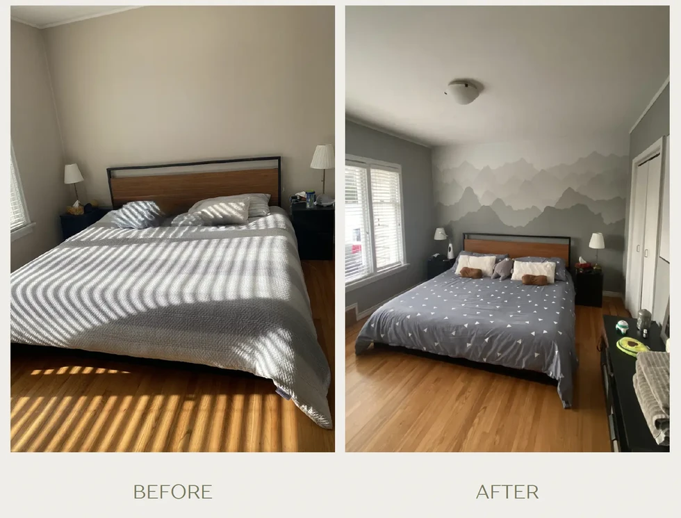 Bedroom accent wall transformation Calgary, before and after, professional interior painting by Camacho Paint