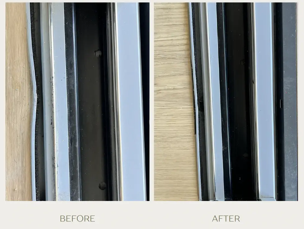 Restored window mullions before and after in Calgary home, seamless finish by local professionals, Camacho Paint