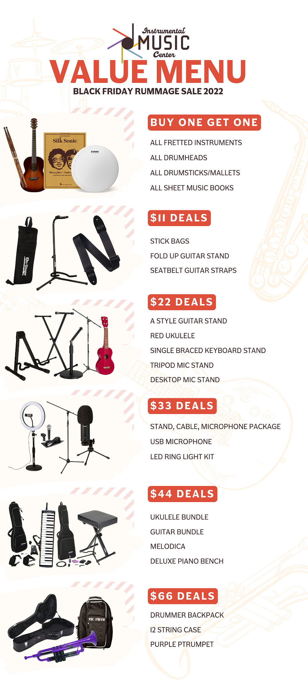 RUMMAGE SALE VALUE MENU buy one get one free deals