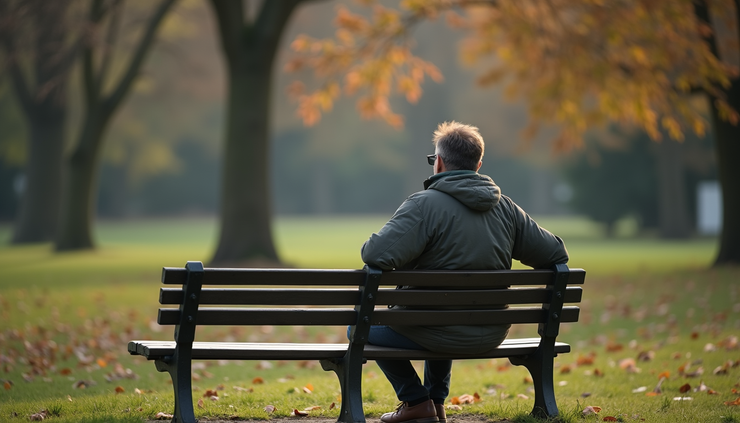 Eye-level view of a person sitting alone on a park bench, looking thoughtful and distant