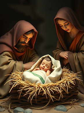 Baby Jesus in a manger, wrapped in a swaddle, with Joseph and Mary, Use realistic image pl