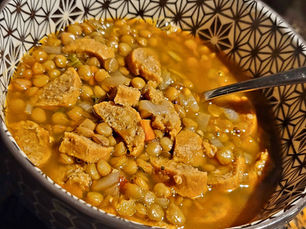 Spicy Lentil Soup with Vegan Italian Sausage