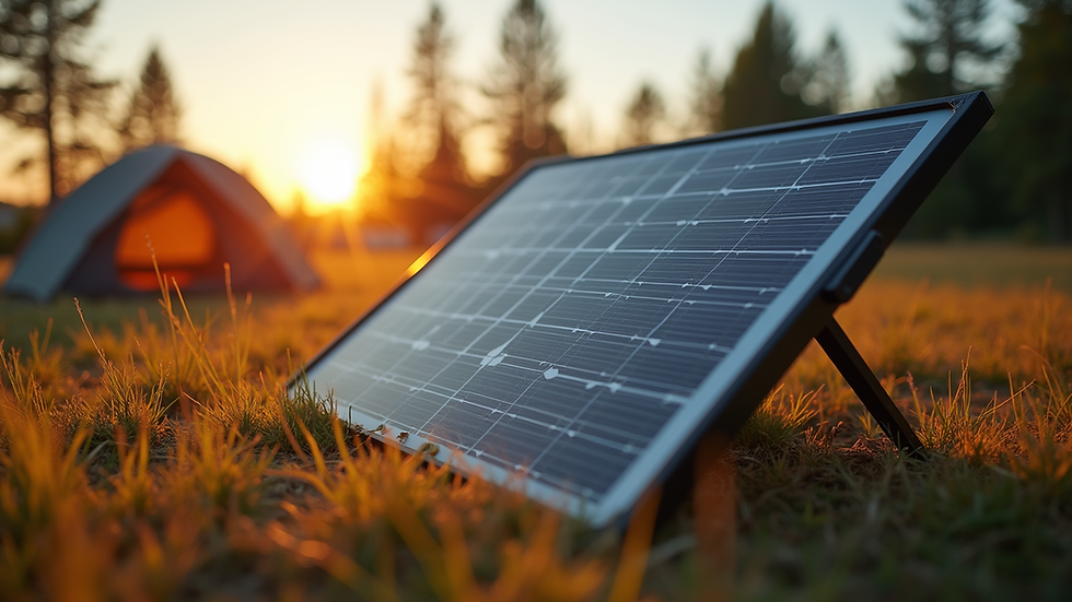 Eye-level view of a portable solar panel set up in a campsite