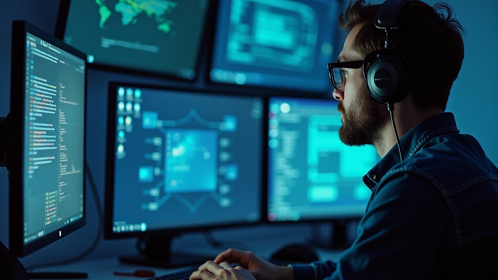 Close-up view of a cybersecurity analyst monitoring multiple screens